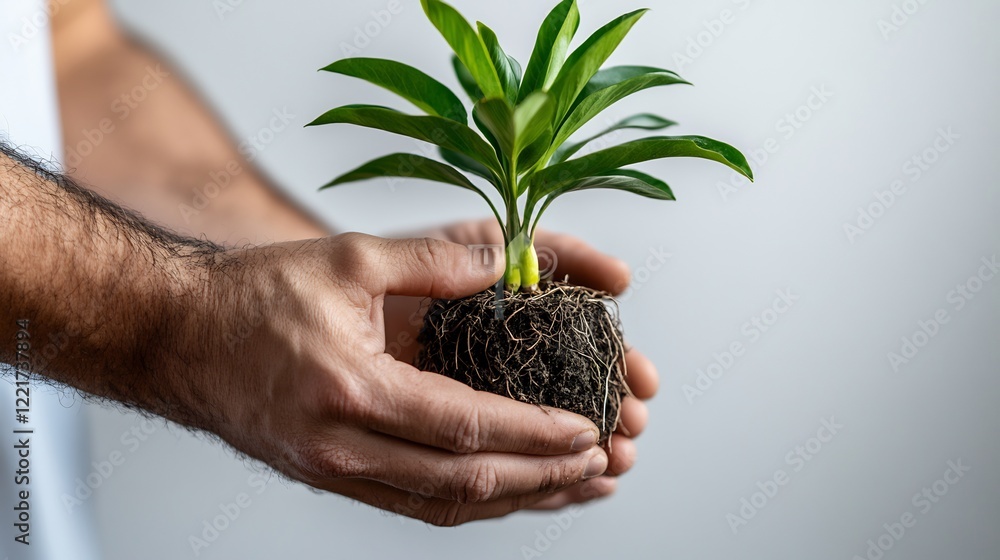 Tender Care: Hands Gently Holding a Young Plant with Exposed Roots, Representing Growth, Nature, and Environmentalism Tender Care: Hands Gently Holding a Young Plant with Exposed Roots, Representing Growth, Nature, and Environmentalism