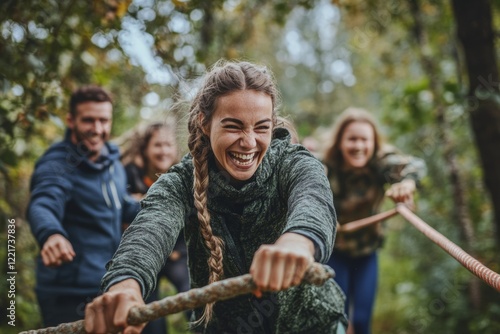 Energetic team building activity in nature with enthusiastic coworkers