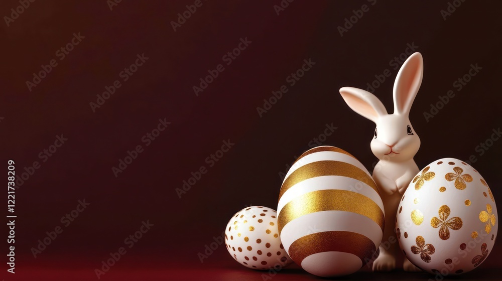 Fototapeta premium Elegant golden and white Easter eggs with stripes and dots alongside a bunny figure on a dark red backdrop