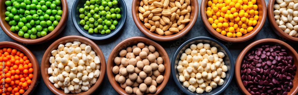 Assortment of various legumes, seeds in bowls. Different types of legumes like peas, chickpeas, peanuts, lentils, colored beans shown. Top view of food ingredients in ceramic bowls. Healthy Assortment of various legumes, seeds in bowls. Different types of legumes like peas, chickpeas, peanuts, lentils, colored beans shown. Top view of food ingredients in ceramic bowls. Healthy