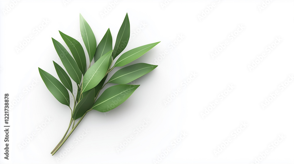 Fototapeta premium Fresh green leaves arranged beautifully on white background, showcasing nature elegance and simplicity.