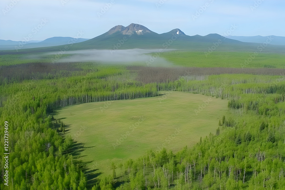 Aerial view Meadow, mountains, forest, fog. Landscapes Aerial view Meadow, mountains, forest, fog. Landscapes