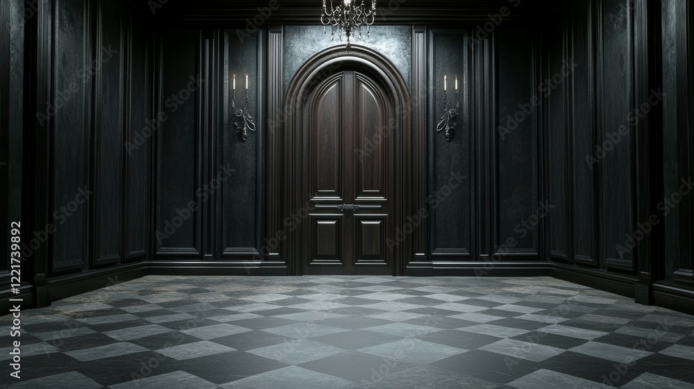 Obraz premium A dark, elegant room featuring a prominent wooden door and checkered floor.