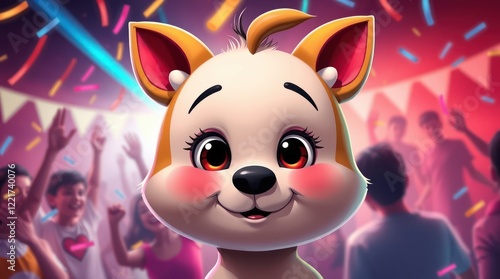 Close-up of a cute cartoon puppy with bright colors and a cheerful expression