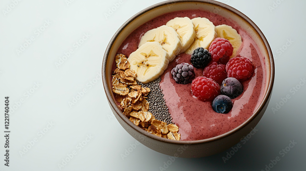Acai smoothie bowl with granola, sliced bananas, berries, chia seeds, soft natural light and vibrant food styling
Acai smoothie bowl with granola, sliced bananas, berries, chia seeds, soft natural light and vibrant food styling