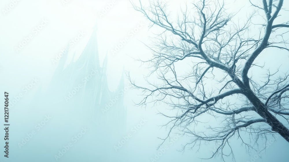 A foggy scene featuring a distant castle and a barren tree, evoking mystery and solitude. A foggy scene featuring a distant castle and a barren tree, evoking mystery and solitude.