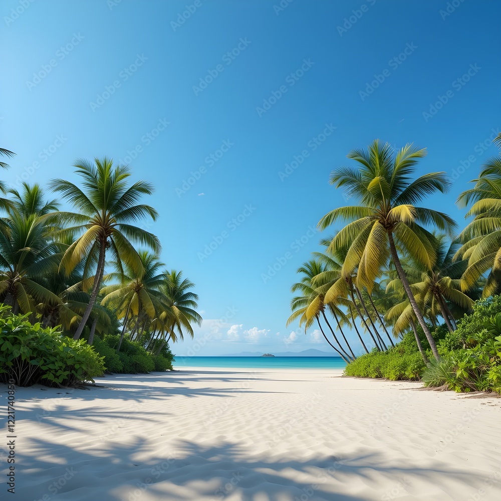 Obraz premium Beach scene with white sand and coconut trees and bushes in summer