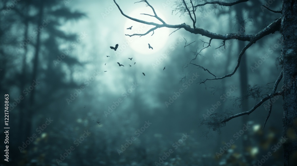 A misty forest scene illuminated by a full moon with bats flying through the air.