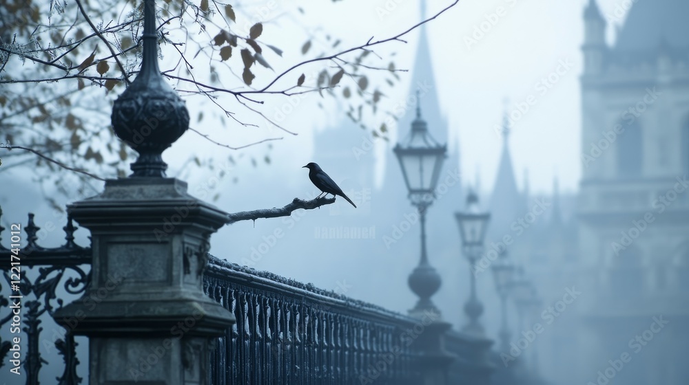 Fototapeta premium A misty landscape featuring a bird perched on a branch near vintage street lamps.
