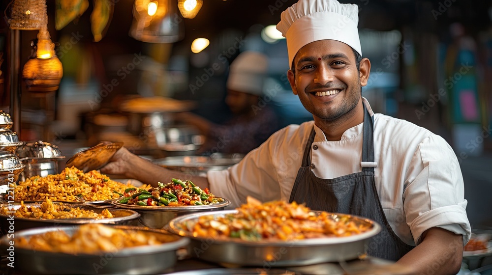 Smiling Indian chef presenting traditional dishes at a food stall Smiling Indian chef presenting traditional dishes at a food stall