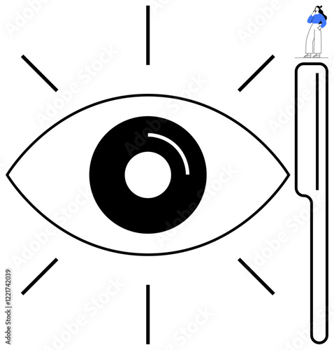 Large eye with surrounding lines for emphasis and magnifying glass on the right, observer atop the handle. Ideal for inspection, vision, analysis, observation, detective work, surveillance