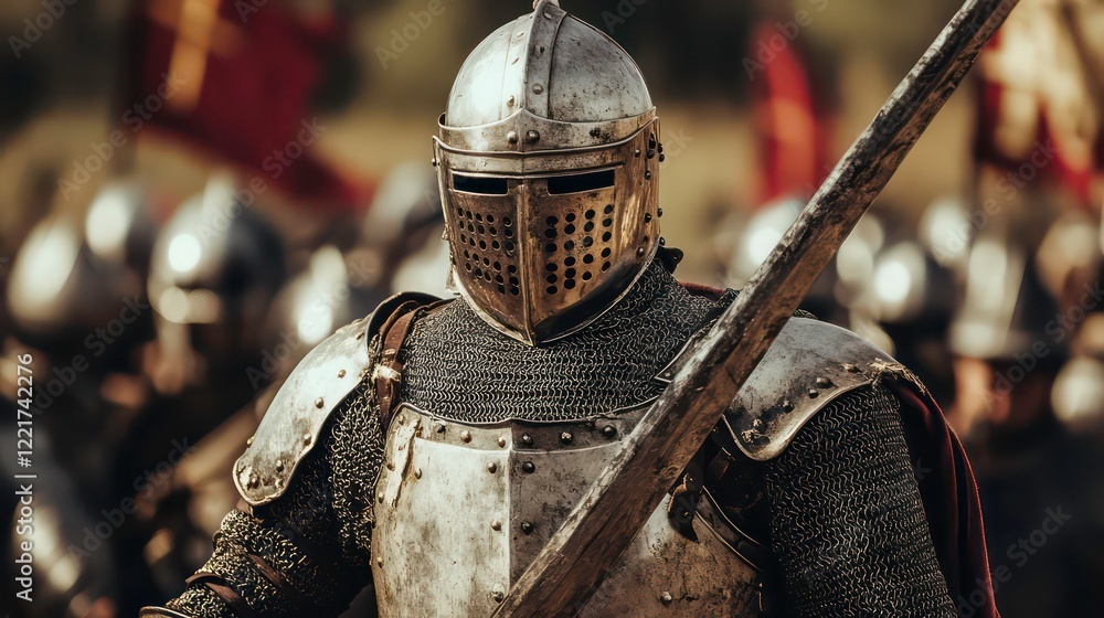 Naklejka premium A knight in armor leading a medieval army on a battlefield.
