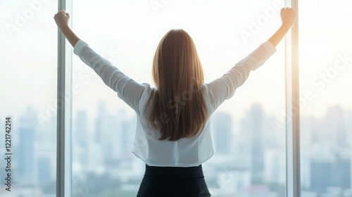 A woman stands with arms outstretched, gazing out at a city skyline through large windows. Free Download A woman stands with arms outstretched, gazing out at a city skyline through large windows. - GFXLoad
