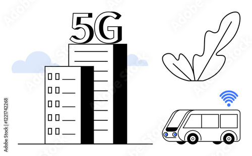 Tall building with 5G text, autonomous bus with wireless, abstract leaf, and cloud graphic. Ideal for technology, connectivity, urban development, smart cities, autonomous transportation modern