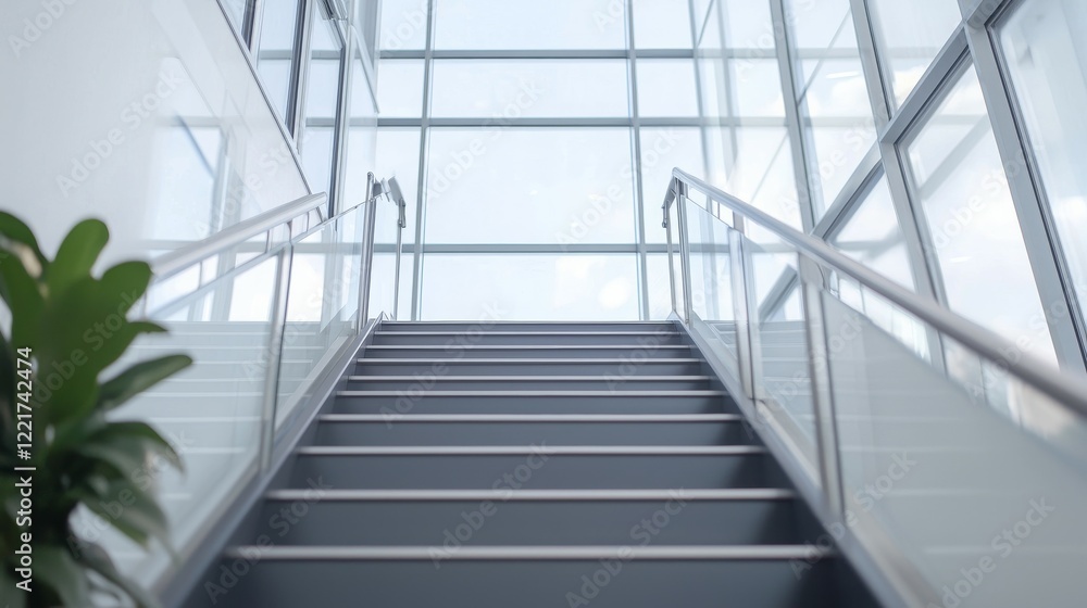 A modern staircase leading to a bright, glass-walled space. A modern staircase leading to a bright, glass-walled space.