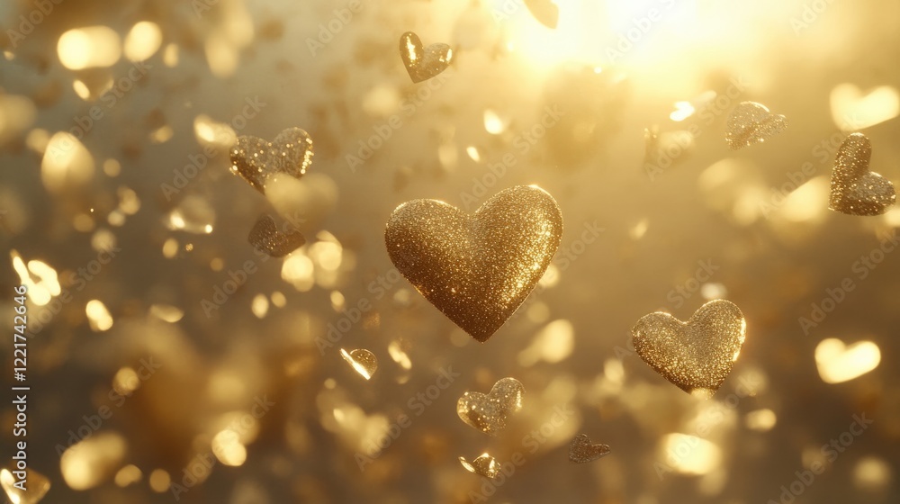 Fototapeta premium Golden Hearts Floating in Air with Sparkle and Soft Background Light
