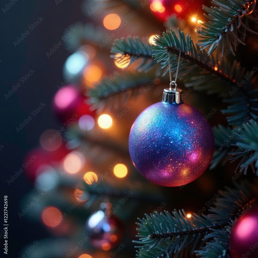 Iridescent ornaments glimmer on the branches of a stunningly decorated Christmas tree under sparkling lights, ornaments, sparkling Iridescent ornaments glimmer on the branches of a stunningly decorated Christmas tree under sparkling lights, ornaments, sparkling