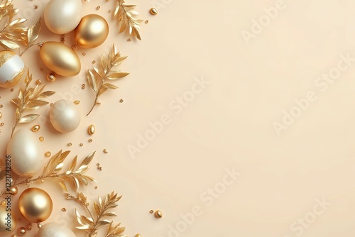 easter decorations in luxury gold colors on pastel beige background with empty copy space for greeting photo