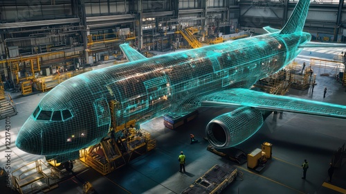 A large airplane being designed in an industrial setting with holographic wireframe blueprints floating around it, workers standing and working on the plane,