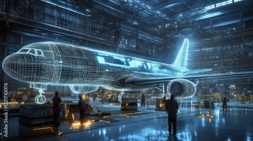 Fototapeta Naklejka Na Ścianę i Meble -  A large airplane being designed in an industrial setting with holographic wireframe blueprints floating around it, workers standing and working on the plane,