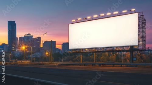 A large blank billboard stands on a city sidewalk at dusk. The background is blurred, showing city buildings and streetlights. Perfect for advertisement mockups.