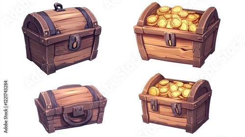 Game reward rare treasure chest Isolated on white background. Chest with treasure, empty and full wooden box with golden coins. photo