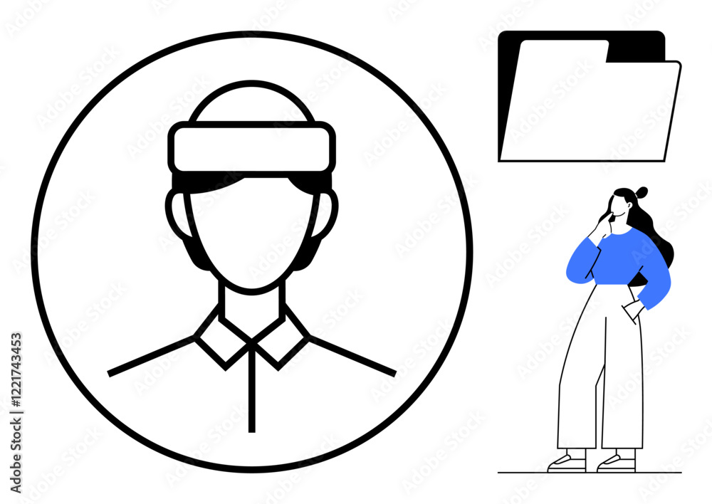 Monochromatic person icon with earphones in circle, black and white folder icon, and a thoughtful person in modern attire. Ideal for business, human resources, data management, technology, career Monochromatic person icon with earphones in circle, black and white folder icon, and a thoughtful person in modern attire. Ideal for business, human resources, data management, technology, career