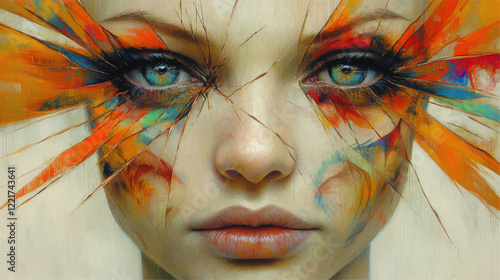 Vivid Surreal Portrait Vector Art: Colorful Face with Dramatic Orange and Red Eye Makeup, Artistic Cracks, Blue Green Eyes, Expressive Visual Impact