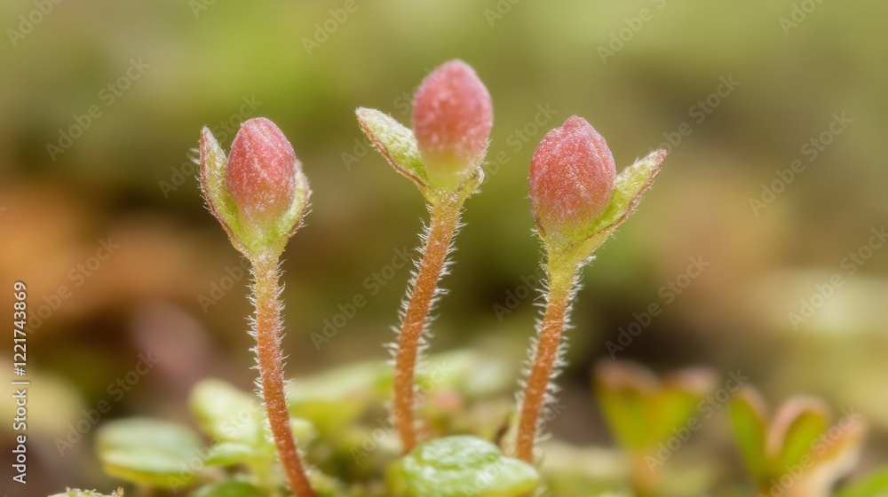 Three small, pink plant sprouts emerging from the ground in a natural environment. Three small, pink plant sprouts emerging from the ground in a natural environment.