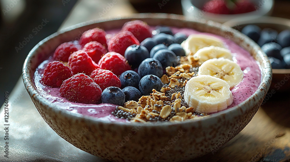 Acai smoothie bowl with granola, sliced bananas, berries, chia seeds, soft natural light and vibrant food styling
Acai smoothie bowl with granola, sliced bananas, berries, chia seeds, soft natural light and vibrant food styling