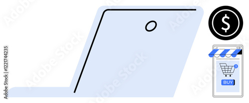 Laptop with a shopping cart on the screen, dollar sign, and storefront illustration in modern style. Ideal for e-commerce, shopping, online business, digital payments, consumer goods