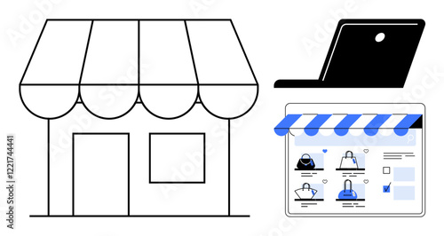 Laptop, physical storefront with an awning, and e-commerce product page with shopping carts. Ideal for online retail, e-commerce strategies, digital marketing, business growth, technology