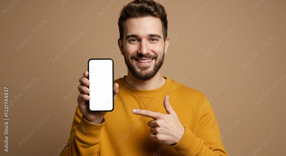 Handsome man showing smartphone in hand and pointing at it on light brown background
Handsome man showing smartphone in hand and pointing at it on light brown background