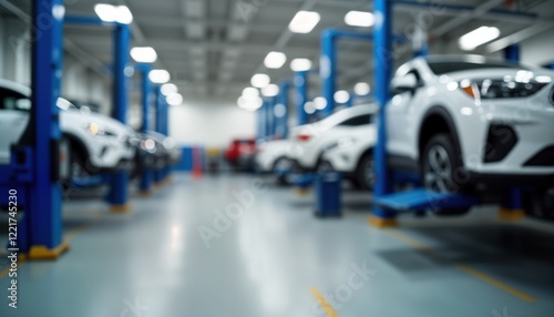 Wallpaper Mural Auto repair shop interior shows cars on lifts. Mechanics work on vehicles in garage. Busy automotive service environment. Industrial setting. Maintenance, repairs done. Transportation industry. Torontodigital.ca