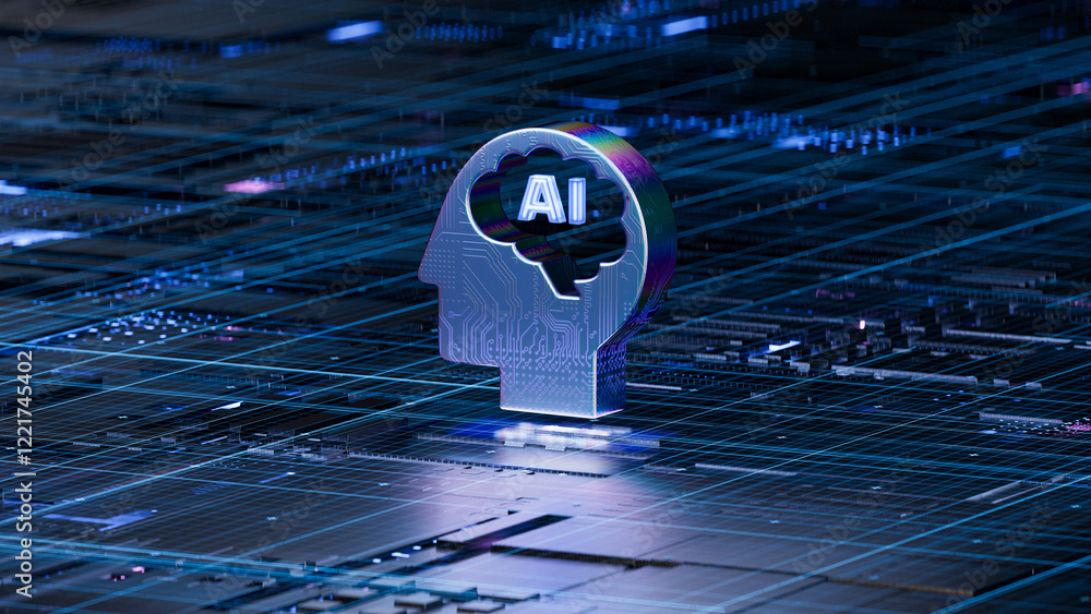 AI brain on circuit board symbolizes intelligence and technology integration. 3d rendering, conceptual image.