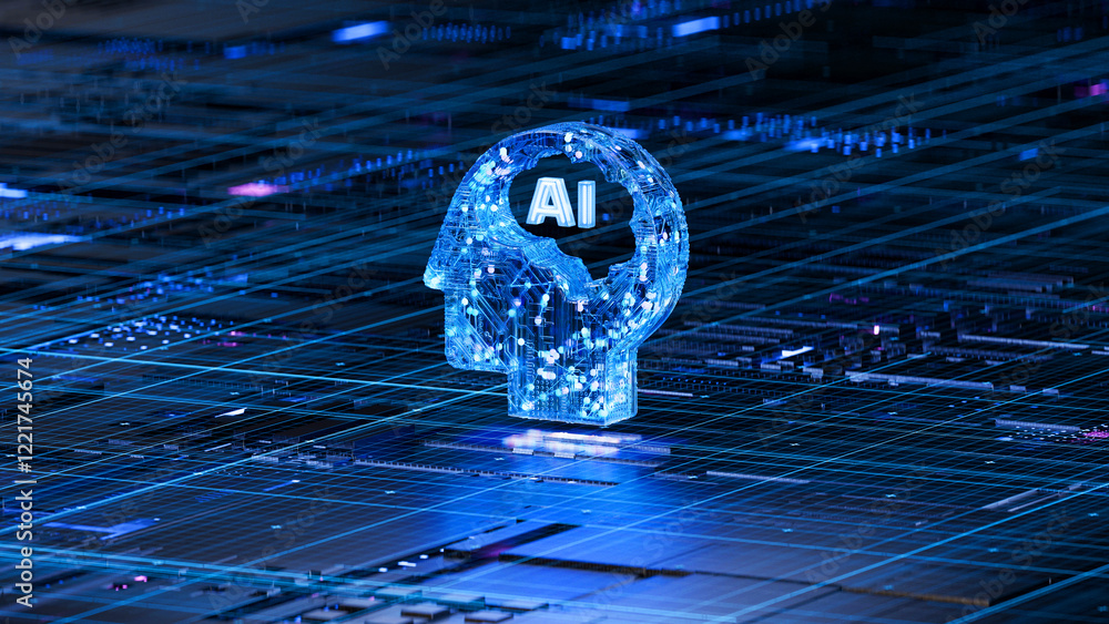 AI brain on circuit board symbolizes intelligence and technology integration. 3d rendering, conceptual image.