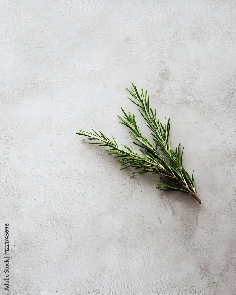 Fresh rosemary sprig on a light gray textured background. Perfect for culinary or wellness themes. Fresh rosemary sprig on a light gray textured background. Perfect for culinary or wellness themes.