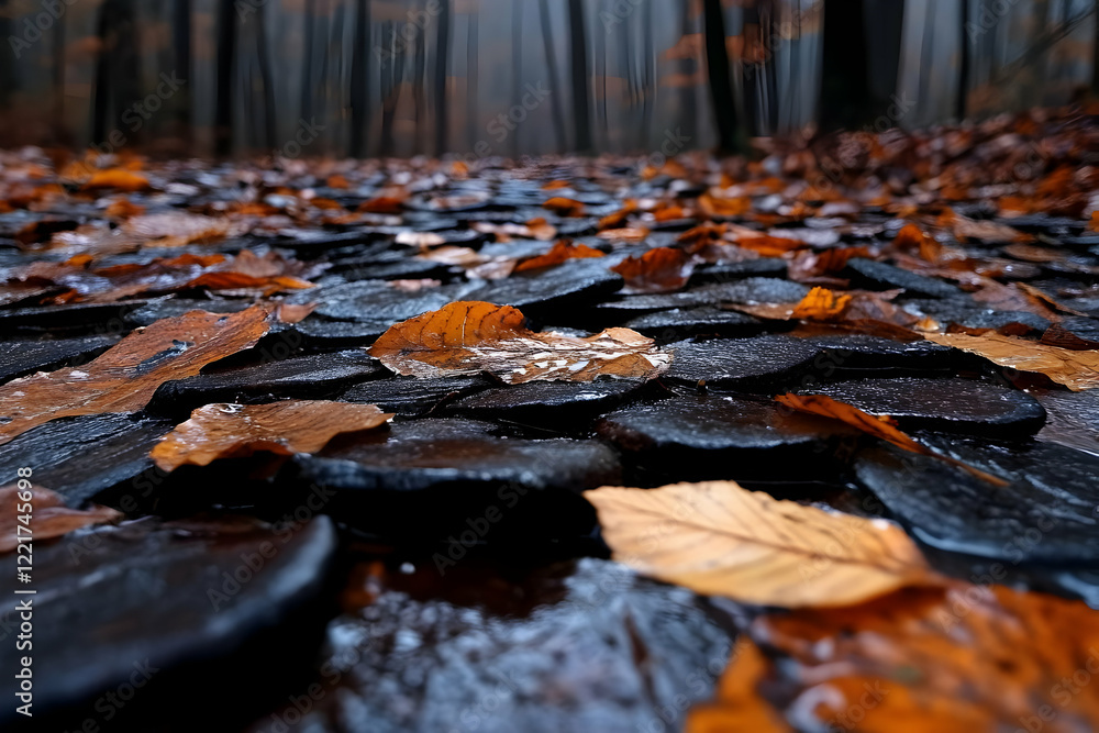 Autumn leaves on wet stones, forest path Autumn leaves on wet stones, forest path