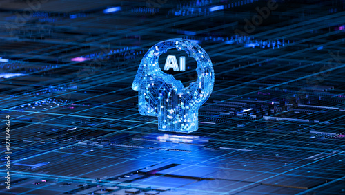 Obraz na płótnie AI brain on circuit board symbolizes intelligence and technology integration. 3d rendering, conceptual image. w salonie