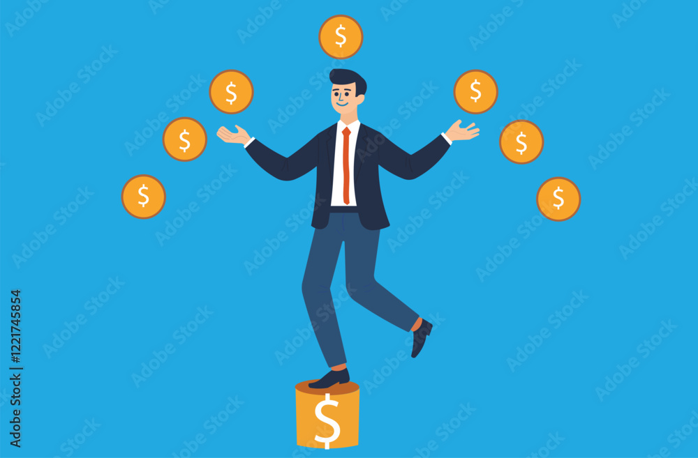 Currency exchange. A businessman stands on a stack of coins, representing the global nature of finance and the importance Currency exchange. A businessman stands on a stack of coins, representing the global nature of finance and the importance