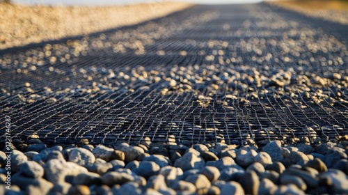 Geogrids on road bases, road construction and reinforcement are covered with fine gravel photo