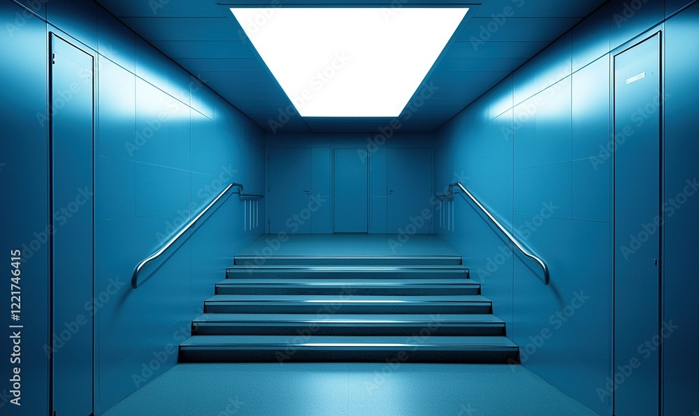 Fototapeta premium Blue hallway with stairs, doors, and bright ceiling light. Modern, empty interior space