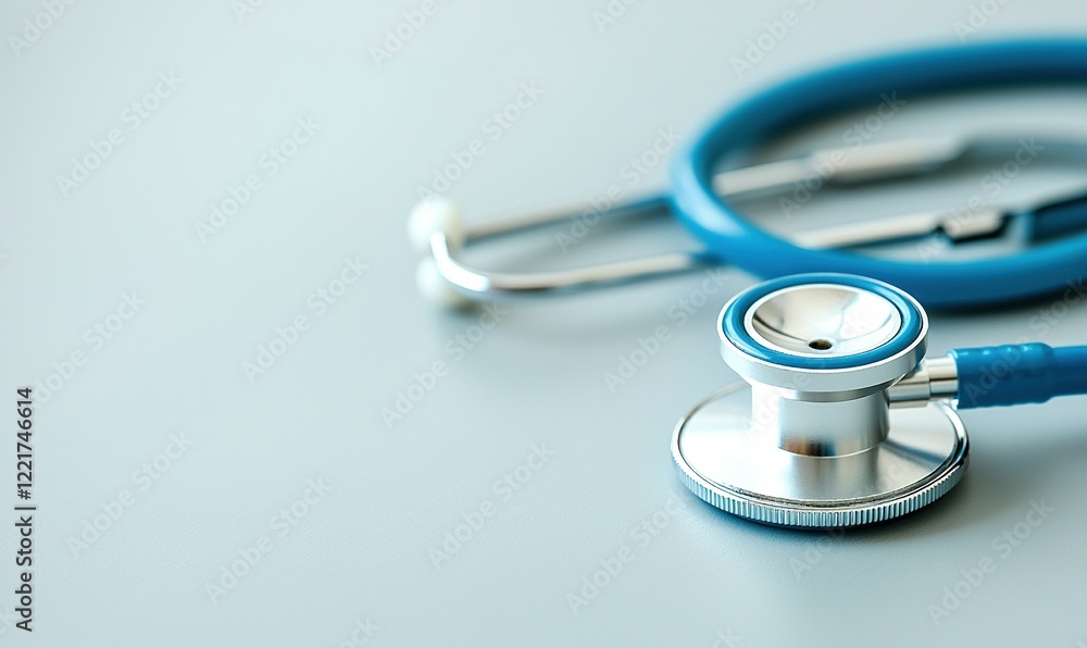 Blue stethoscope on gray background, close-up for healthcare concept Blue stethoscope on gray background, close-up for healthcare concept