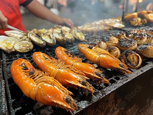 Variety of grilled seafood in Kota Kinabalu night market in Kota Kinabalu, Sabah Borneo, Malaysia. - ai
