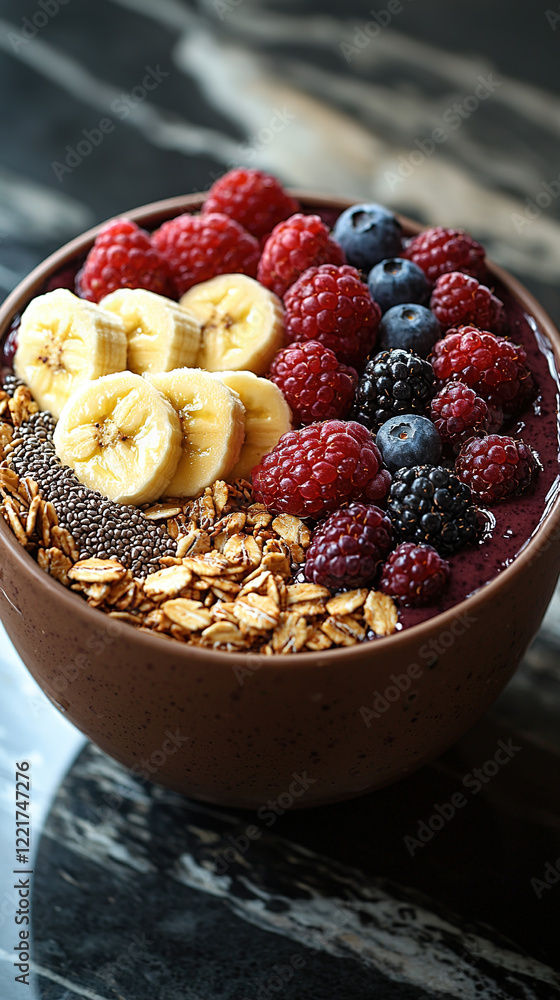 Acai smoothie bowl with granola, sliced bananas, berries, chia seeds, soft natural light and vibrant food styling
Acai smoothie bowl with granola, sliced bananas, berries, chia seeds, soft natural light and vibrant food styling