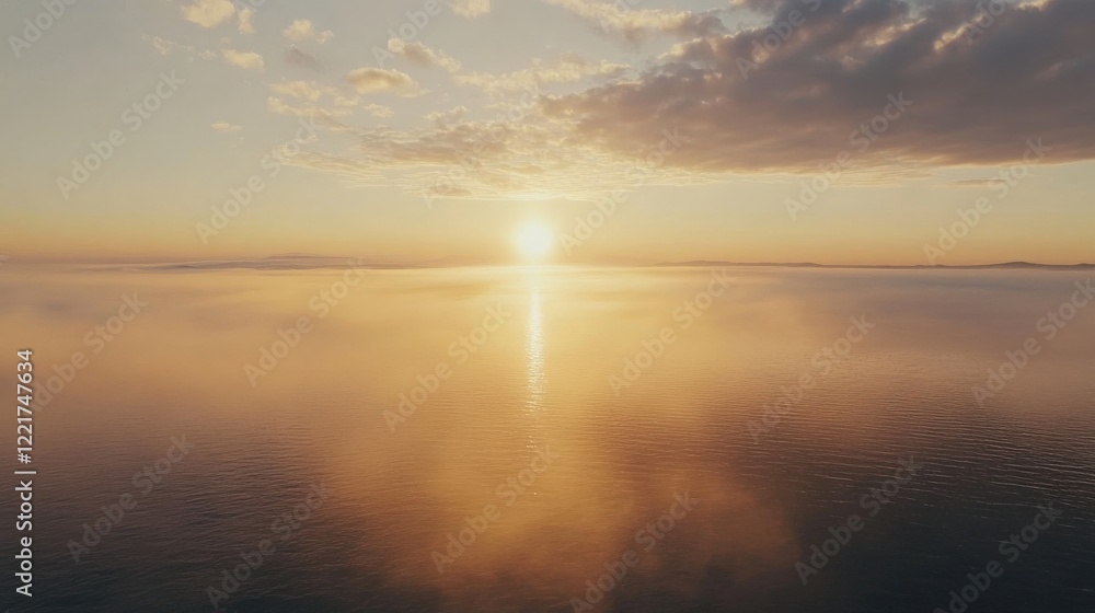 Golden Sunset Over Calm Waters with Soft Cloud Reflections Golden Sunset Over Calm Waters with Soft Cloud Reflections