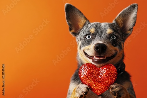 Cute australian cattle dog pup with sparkling rhinestones red heart - emblem of love, funny greeting card. Commercial visual idea. Australian cattle dog - my preferred dog. Love-themed pets. photo