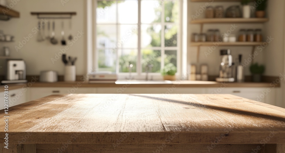 Blurred kitchen background with an empty wooden table for product display, focus on the center of with generative ai Blurred kitchen background with an empty wooden table for product display, focus on the center of with generative ai