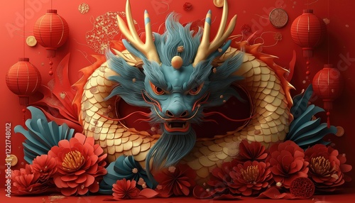 Wallpaper Mural Lunar New Year Dragon Art with Red Lanterns and Flowers Torontodigital.ca
