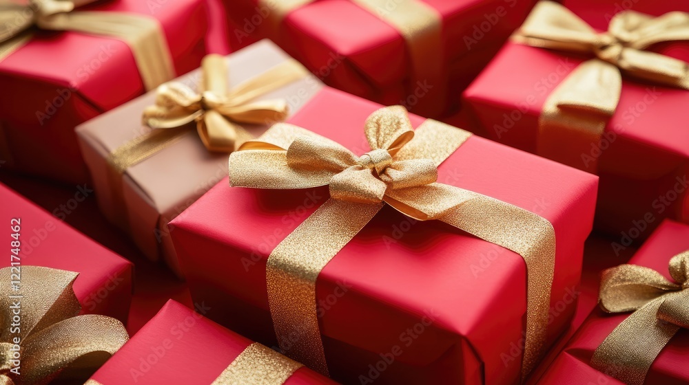 Gift boxes with gold bows on red background. 3d rendering, a pile of presents with gold bows and bows on top of each other, with a red background, Gift boxes with gold bows on red background. 3d rendering, a pile of presents with gold bows and bows on top of each other, with a red background,